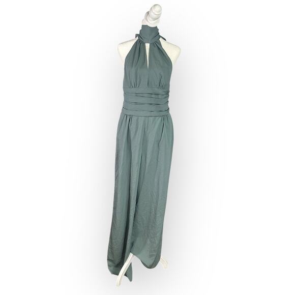 bebe Jumpsuit Women's Medium Light Green Halter Wide Leg Open Back Long - Picture 1 of 10